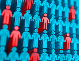 Rows of glowing blue human icons with a few scattered red ones.
