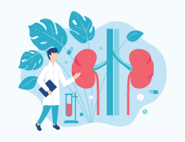 Illustration of a doctor and larger-than-life kidneys.
